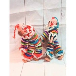 Vintage Handmade Hand Knit Pair Colorful 12" Clowns